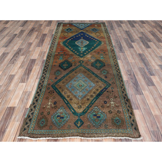 Overdyed & Vintage Worn Wool Hand Knotted Rug Brown Brown 3.8X9.9 -O081144