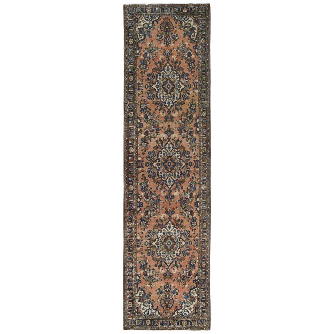 Overdyed & Vintage Worn Wool Hand Knotted Rug Orange Navy Blue 3.5X13.7 -O081148