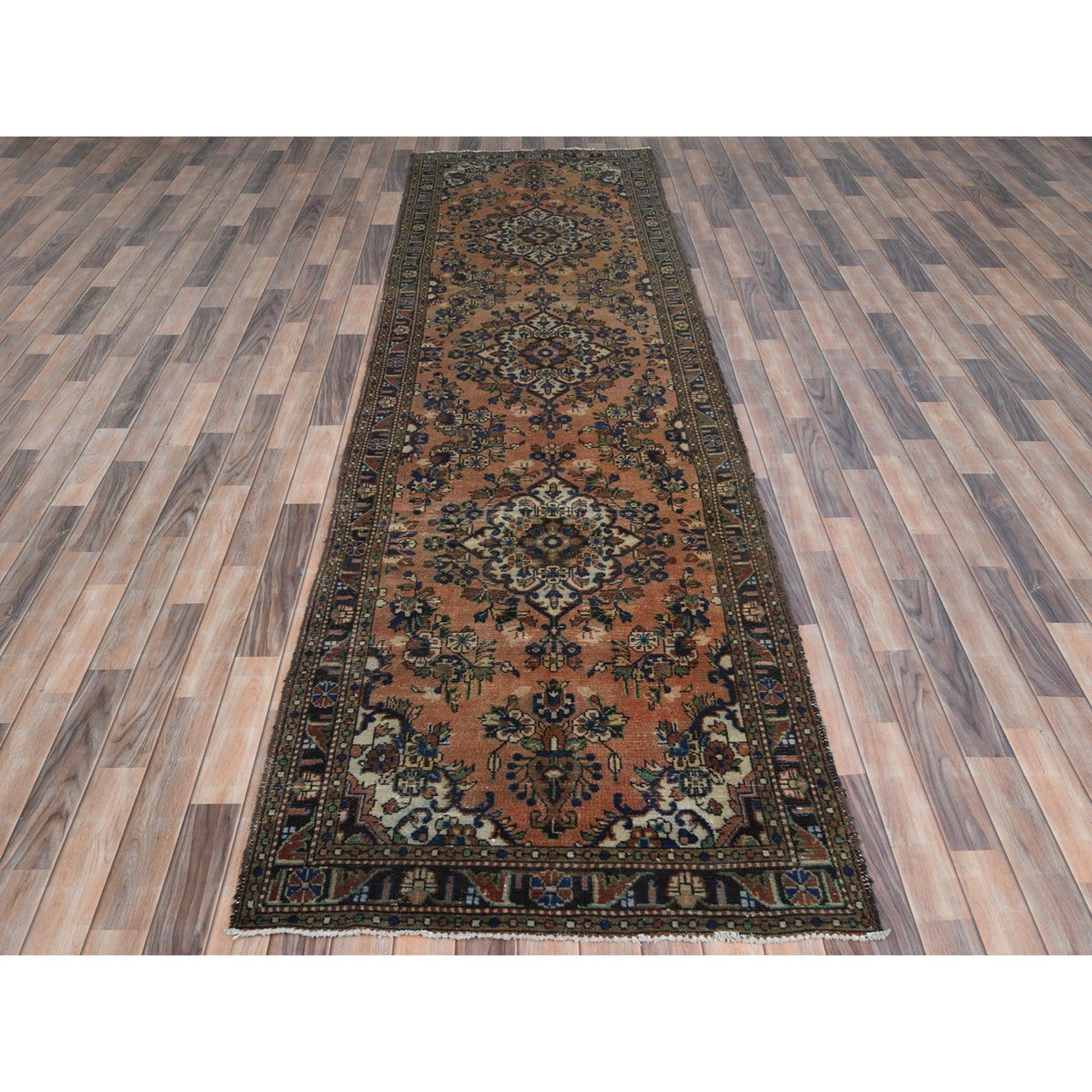 Overdyed & Vintage Worn Wool Hand Knotted Rug Orange Navy Blue 3.5X13.7 -O081148