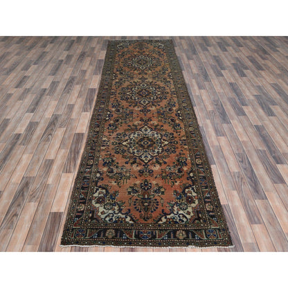 Overdyed & Vintage Worn Wool Hand Knotted Rug Orange Navy Blue 3.5X13.7 -O081148