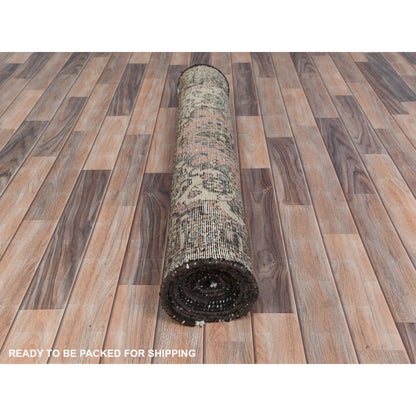 Overdyed & Vintage Worn Wool Hand Knotted Rug Orange Navy Blue 3.5X13.7 -O081148