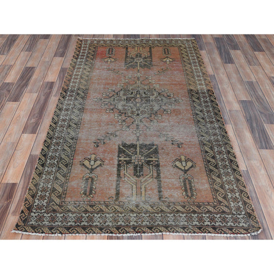 Overdyed & Vintage Worn Wool Hand Knotted Rug Red Ivory 3.7X6.6 -O081155