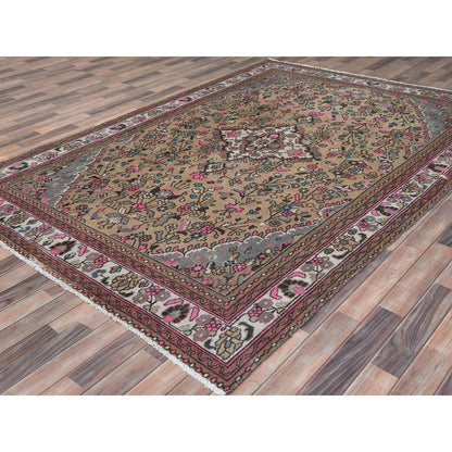 Overdyed & Vintage Worn Wool Hand Knotted Rug Brown Ivory 6.10X9.9 -O081167