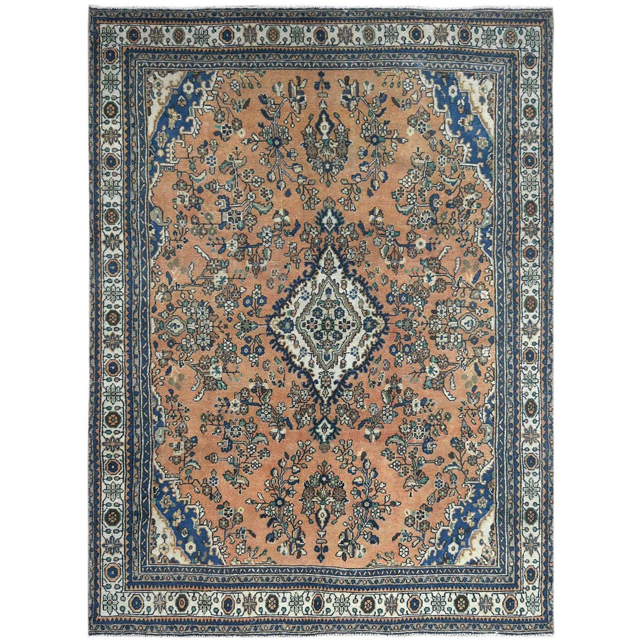 Overdyed & Vintage Worn Wool Hand Knotted Rug Orange Ivory 8.0X11.1 -O081168