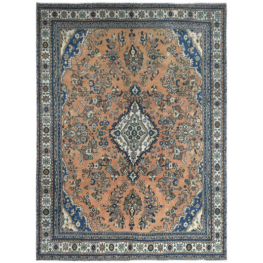 Overdyed & Vintage Worn Wool Hand Knotted Rug Orange Ivory 8.0X11.1 -O081168