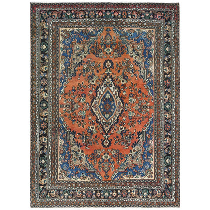 Overdyed & Vintage Worn Wool Hand Knotted Rug Orange Black 7.4X10.0 -O081169
