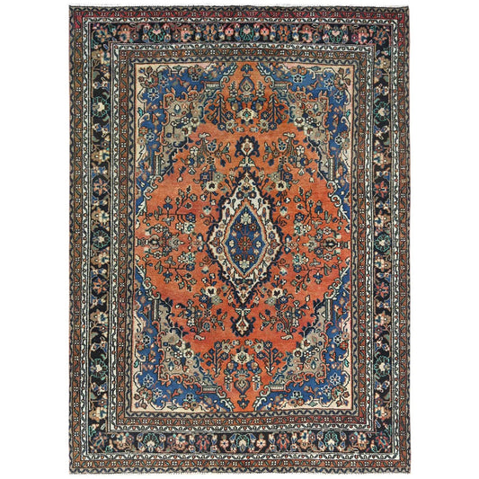 Overdyed & Vintage Worn Wool Hand Knotted Rug Orange Black 7.4X10.0 -O081169