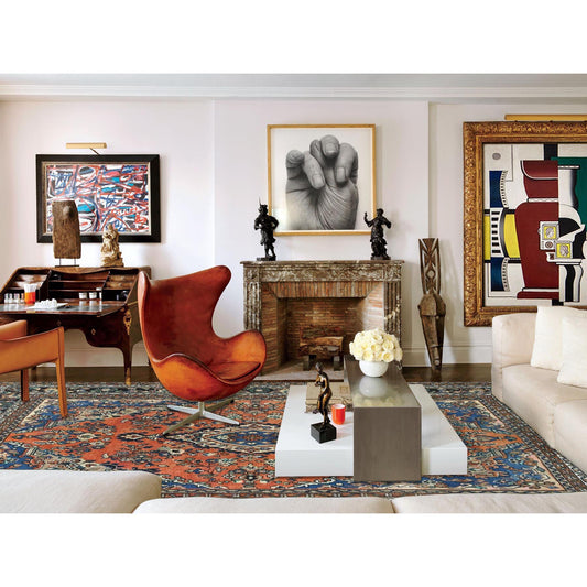 Overdyed & Vintage Worn Wool Hand Knotted Rug Orange Black 7.4X10.0 -O081169