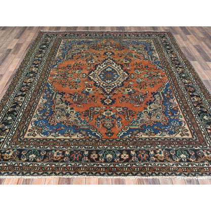 Overdyed & Vintage Worn Wool Hand Knotted Rug Orange Black 7.4X10.0 -O081169