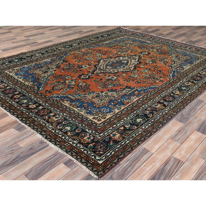Overdyed & Vintage Worn Wool Hand Knotted Rug Orange Black 7.4X10.0 -O081169