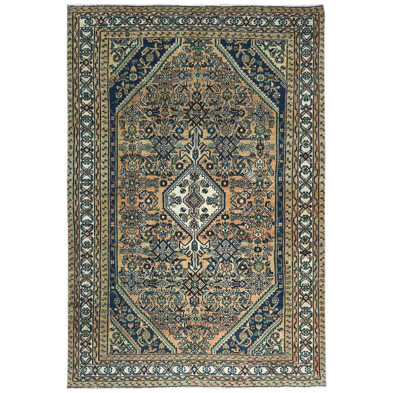 Ivory 6'3" x 9'7" Overdyed & Vintage Worn Hand knotted Wool Rug - Sku: O081175