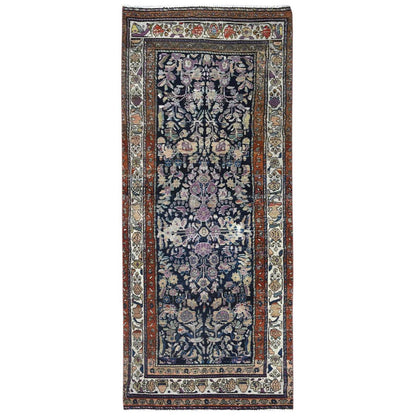 Overdyed & Vintage Worn Wool Hand Knotted Rug Blue Ivory 3.9X9.2 -O081185