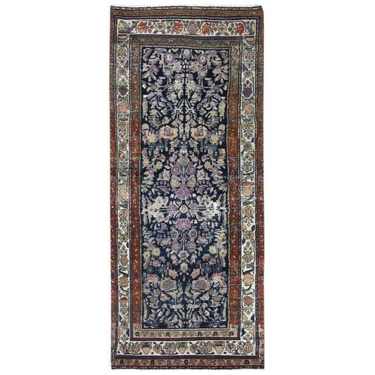 Overdyed & Vintage Worn Wool Hand Knotted Rug Blue Ivory 3.9X9.2 -O081185