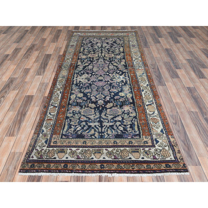 Overdyed & Vintage Worn Wool Hand Knotted Rug Blue Ivory 3.9X9.2 -O081185