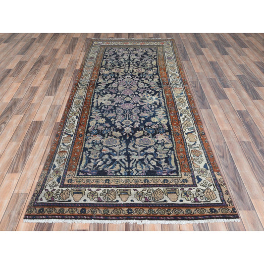Overdyed & Vintage Worn Wool Hand Knotted Rug Blue Ivory 3.9X9.2 -O081185