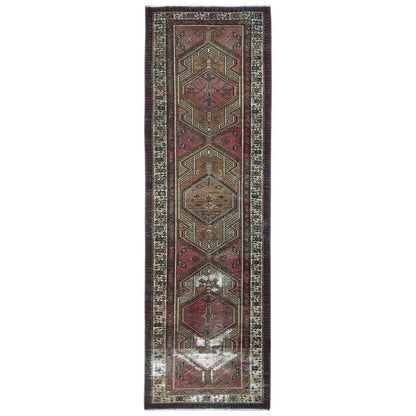Overdyed & Vintage Worn Wool Hand Knotted Rug Red Ivory 3.1X10.1 -O081186