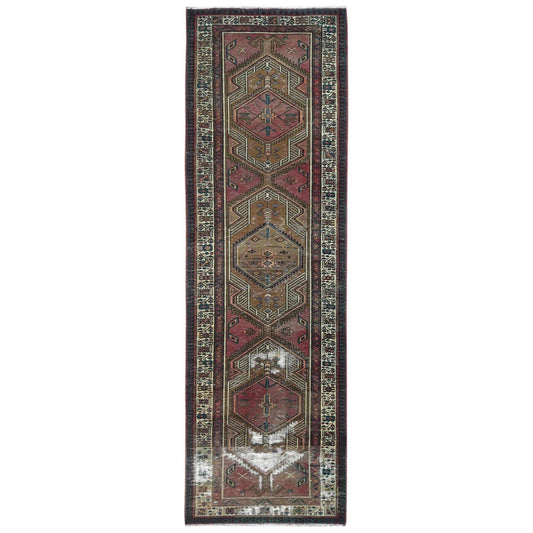 Overdyed & Vintage Worn Wool Hand Knotted Rug Red Ivory 3.1X10.1 -O081186