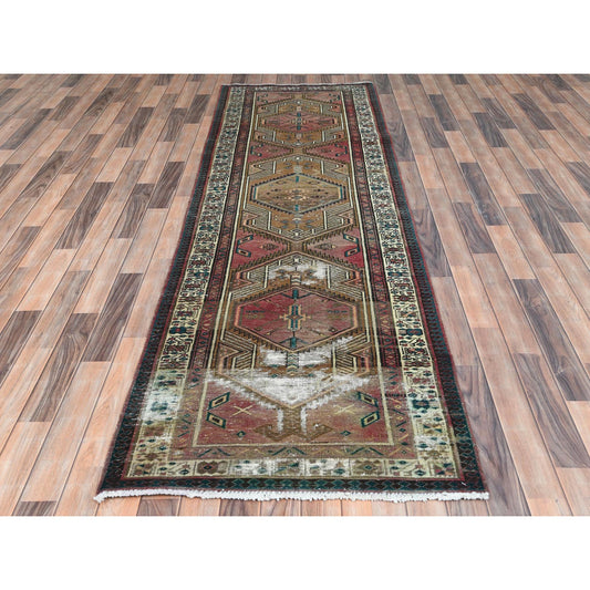 Overdyed & Vintage Worn Wool Hand Knotted Rug Red Ivory 3.1X10.1 -O081186