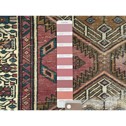 Overdyed & Vintage Worn Wool Hand Knotted Rug Red Ivory 3.1X10.1 -O081186