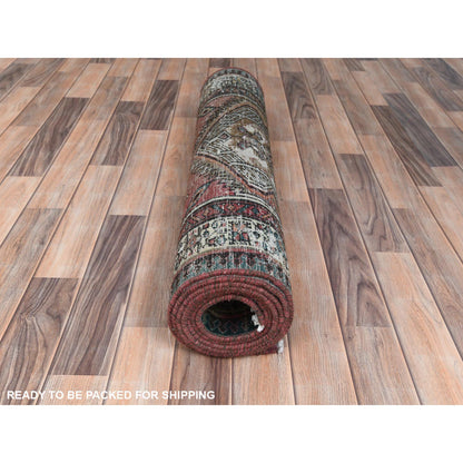 Overdyed & Vintage Worn Wool Hand Knotted Rug Red Ivory 3.1X10.1 -O081186