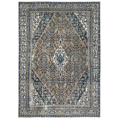 Overdyed & Vintage Worn Wool Hand Knotted Rug Brown Ivory 6.6X9.6 -O081194