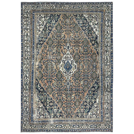 Overdyed & Vintage Worn Wool Hand Knotted Rug Brown Ivory 6.6X9.6 -O081194