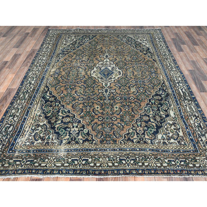 Overdyed & Vintage Worn Wool Hand Knotted Rug Brown Ivory 6.6X9.6 -O081194