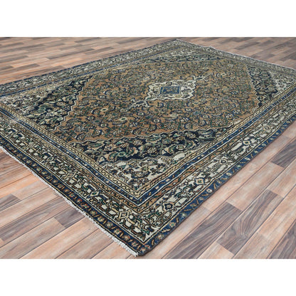 Overdyed & Vintage Worn Wool Hand Knotted Rug Brown Ivory 6.6X9.6 -O081194