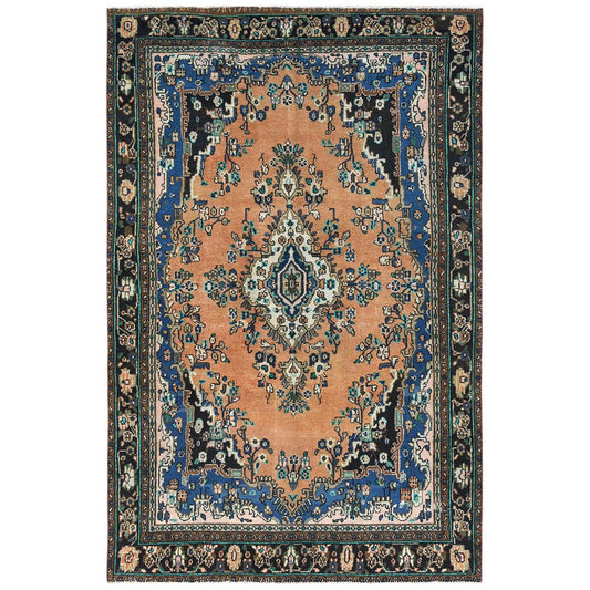 Overdyed & Vintage Worn Wool Hand Knotted Rug Orange Black 6.6X9.10 -O081199