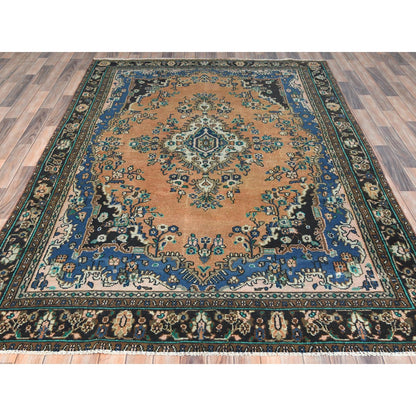 Overdyed & Vintage Worn Wool Hand Knotted Rug Orange Black 6.6X9.10 -O081199
