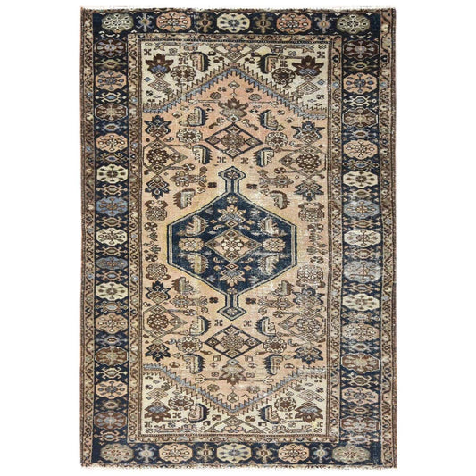 Overdyed & Vintage Worn Wool Hand Knotted Rug Brown Blue 4.3X6.5 -O081208