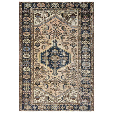 Overdyed & Vintage Worn Wool Hand Knotted Rug Brown Blue 4.3X6.5 -O081208