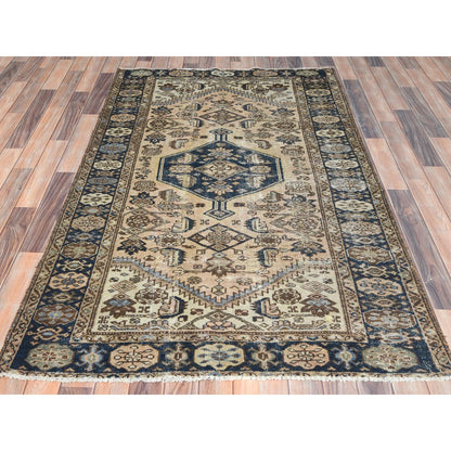Overdyed & Vintage Worn Wool Hand Knotted Rug Brown Blue 4.3X6.5 -O081208