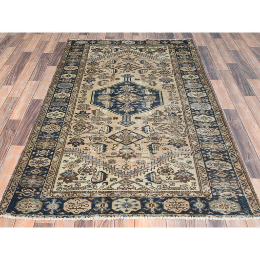 Overdyed & Vintage Worn Wool Hand Knotted Rug Brown Blue 4.3X6.5 -O081208