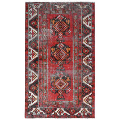 Overdyed & Vintage Worn Wool Hand Knotted Rug Red Red 3.9X6.4 -O081210