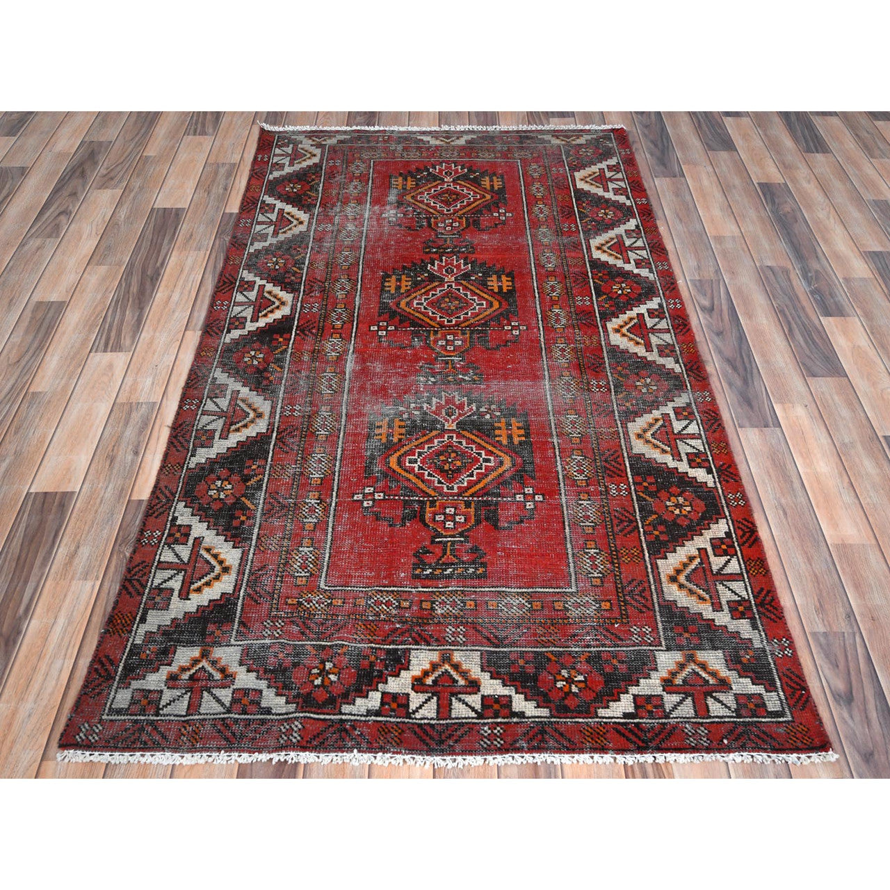 Overdyed & Vintage Worn Wool Hand Knotted Rug Red Red 3.9X6.4 -O081210