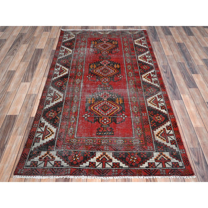 Overdyed & Vintage Worn Wool Hand Knotted Rug Red Red 3.9X6.4 -O081210