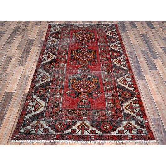 Overdyed & Vintage Worn Wool Hand Knotted Rug Red Red 3.9X6.4 -O081210