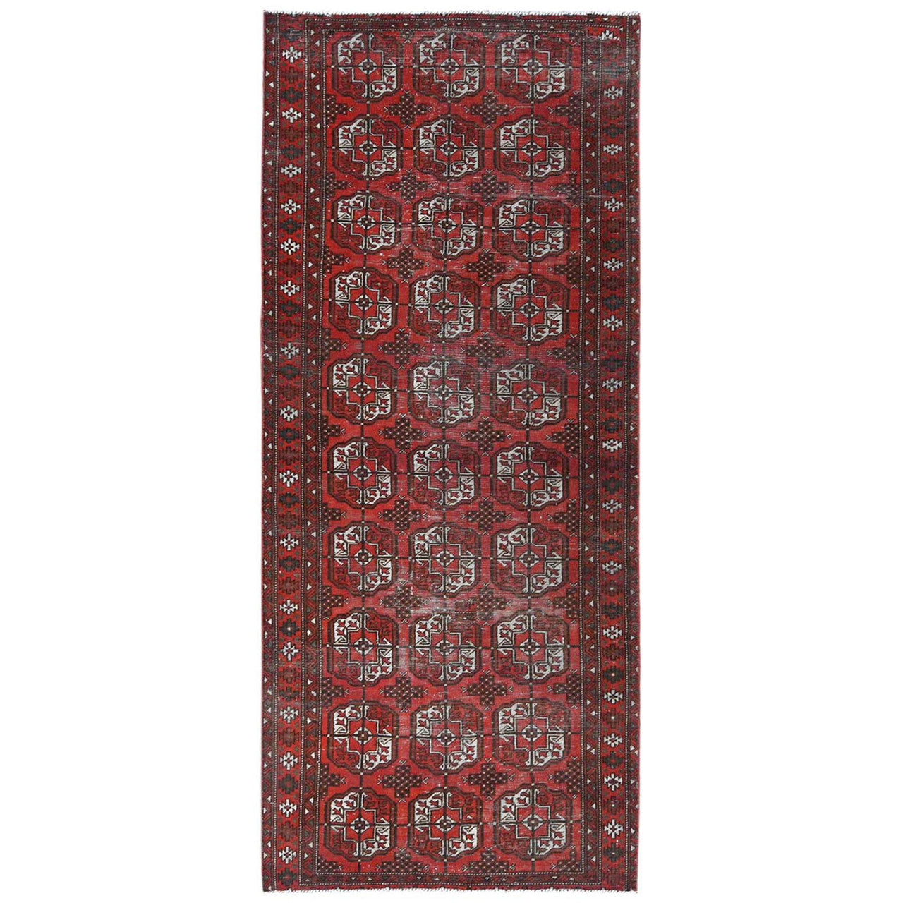 Red 3'9" x 9'2" Overdyed & Vintage Worn Hand knotted Wool Rug - Sku: O081212