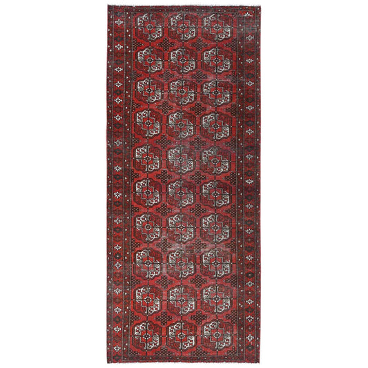 Overdyed & Vintage Worn Wool Hand Knotted Rug Red Red 3.9X9.2 -O081212