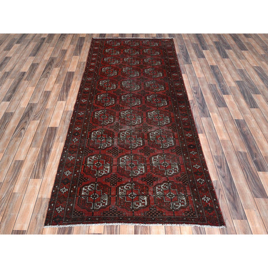 Overdyed & Vintage Worn Wool Hand Knotted Rug Red Red 3.9X9.2 -O081212