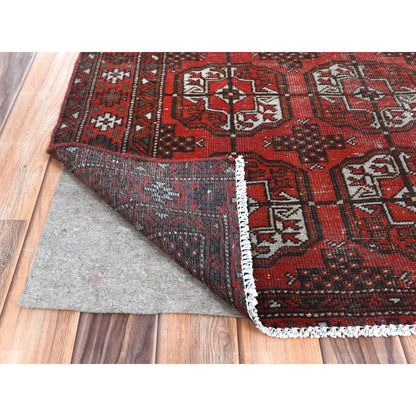 Overdyed & Vintage Worn Wool Hand Knotted Rug Red Red 3.9X9.2 -O081212