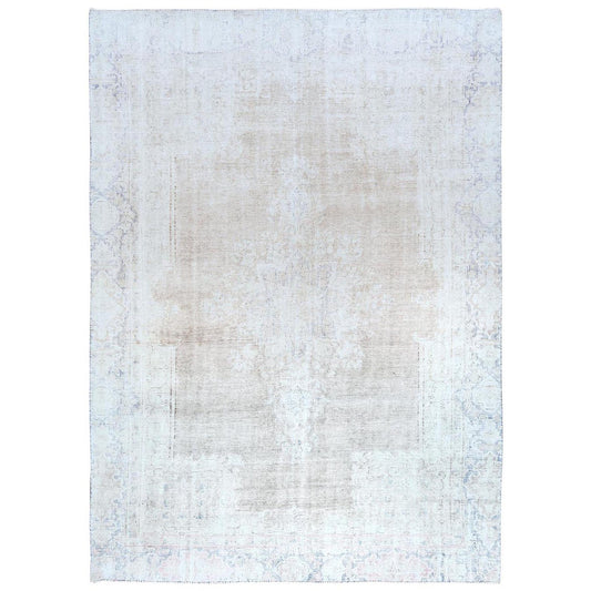 Overdyed & Vintage Worn Wool Hand Knotted Rug Beige Denim Blue 8.7X12.0 -O081249