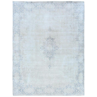 Overdyed & Vintage Worn Wool Hand Knotted Rug Ivory Faded Blue 9.0X12.0 -O081254