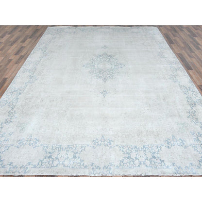 Overdyed & Vintage Worn Wool Hand Knotted Rug Ivory Faded Blue 9.0X12.0 -O081254