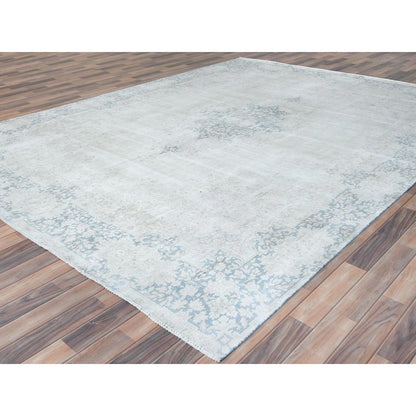 Overdyed & Vintage Worn Wool Hand Knotted Rug Ivory Faded Blue 9.0X12.0 -O081254