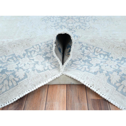 Overdyed & Vintage Worn Wool Hand Knotted Rug Ivory Faded Blue 9.0X12.0 -O081254