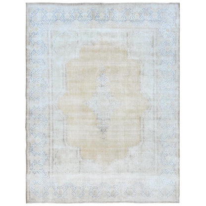 Overdyed & Vintage Worn Wool Hand Knotted Rug Beige Denim Blue 9.7X12.8 -O081256