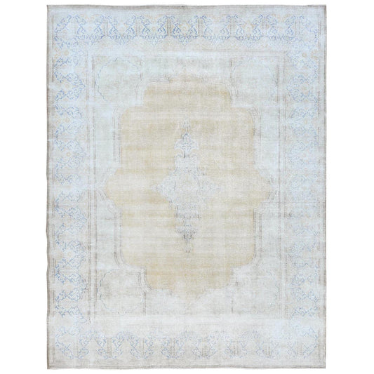 Overdyed & Vintage Worn Wool Hand Knotted Rug Beige Denim Blue 9.7X12.8 -O081256