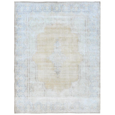 Overdyed & Vintage Worn Wool Hand Knotted Rug Beige Denim Blue 9.7X12.8 -O081256